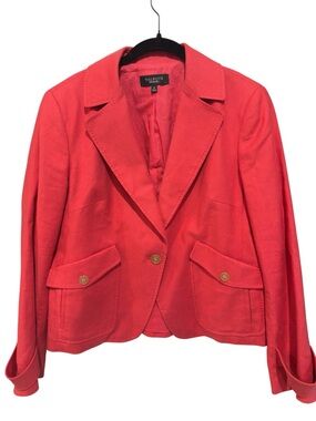 Talbots Coral Red Cropped Blazer Jacket Size 14 Linen Blend